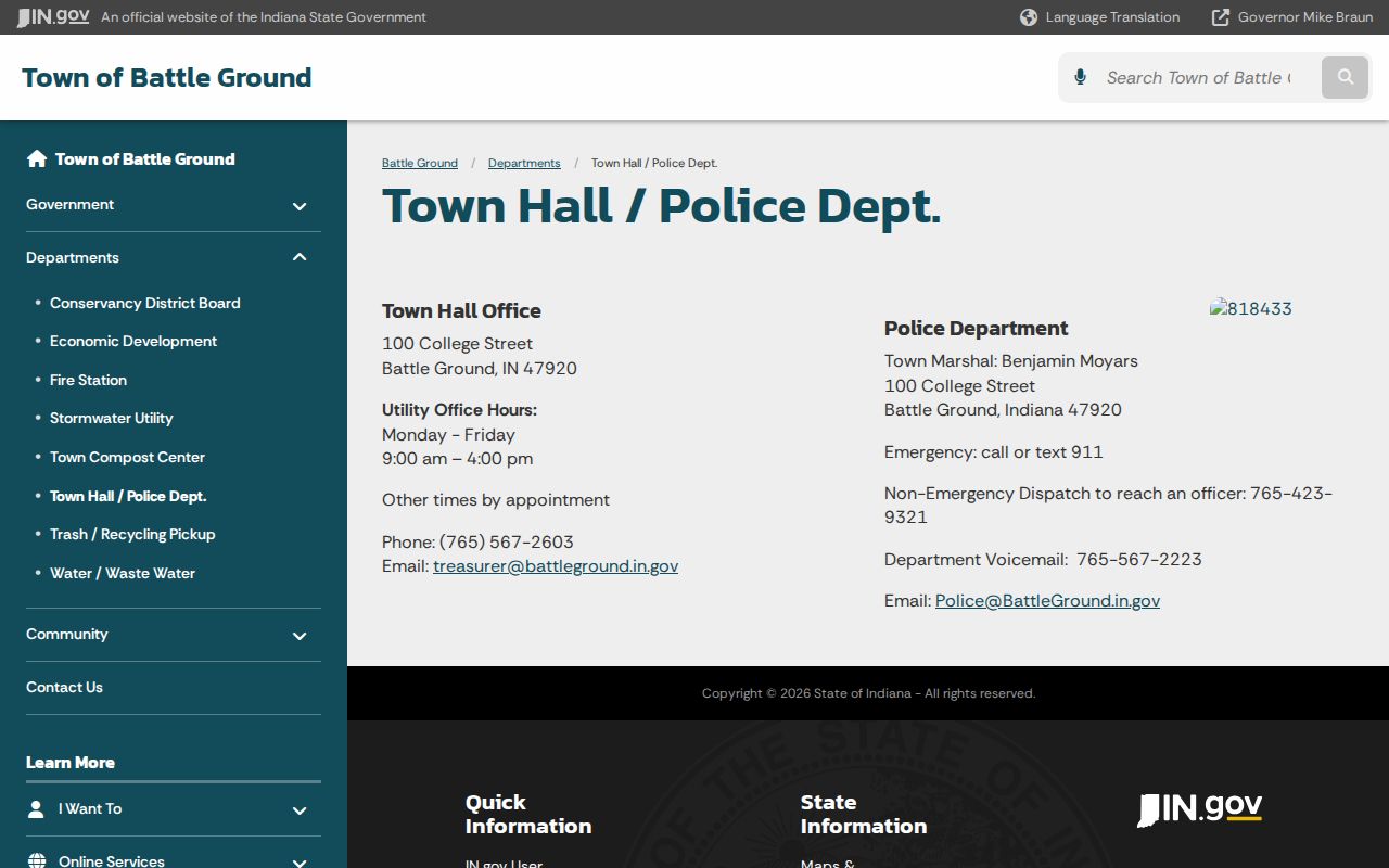 Battle Ground Police official arrest-record contact page in Tippecanoe County