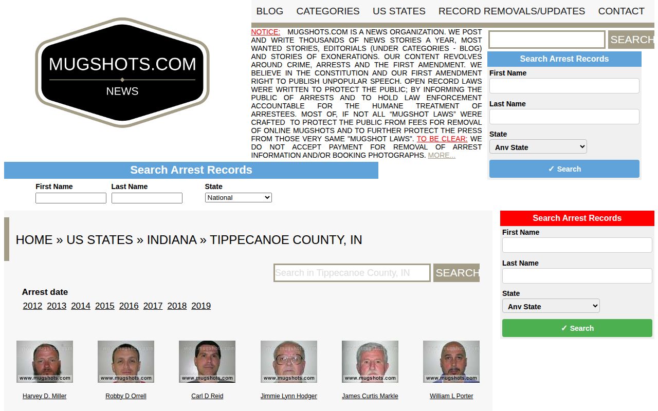 Unofficial Mugshots.com Tippecanoe County booking records page
