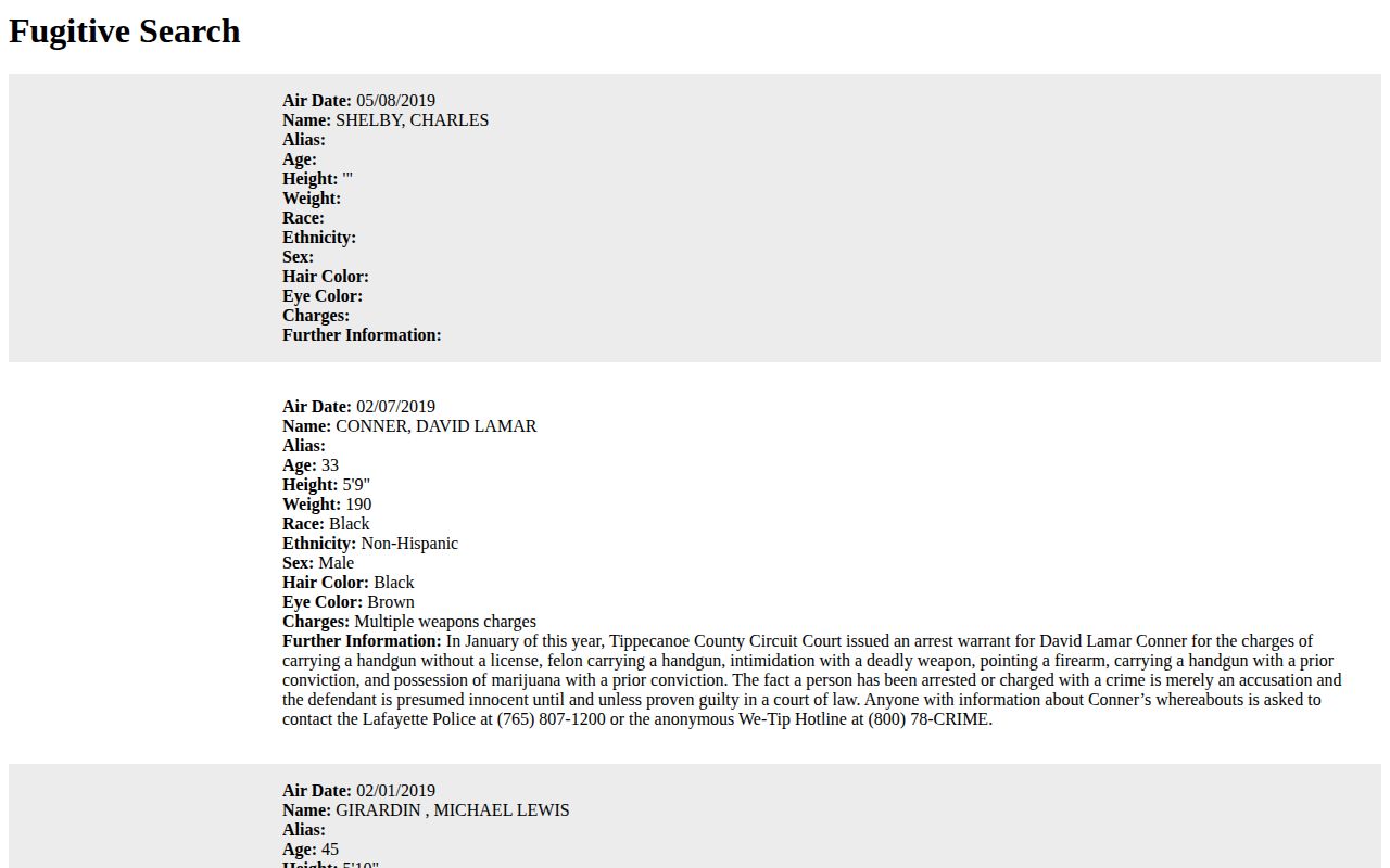 Archived Lafayette Tippecanoe County wanted fugitives feature